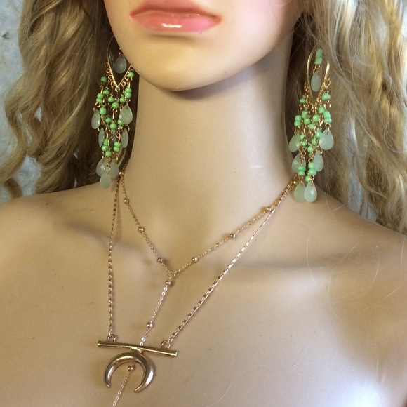 🌺 3PC MOON NECKLACE DANGLE EARRINGS HAIR FLOWER FEATHER BOHO SET BUNDLE GREEN - Picture 9 of 9